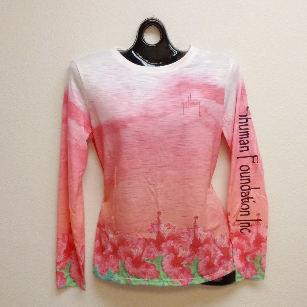 Guy Harvey Long Sleeve Shirt, Pink/Green Hibiscus Women's Size Large.